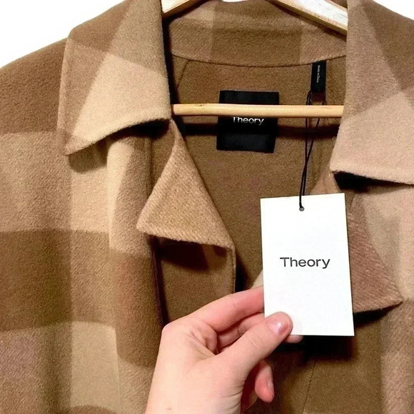 NWT Theory Buffalo Plaid Double Faced Check Overlay Tan Blazer Wool Coat Large - Picture 8 of 11